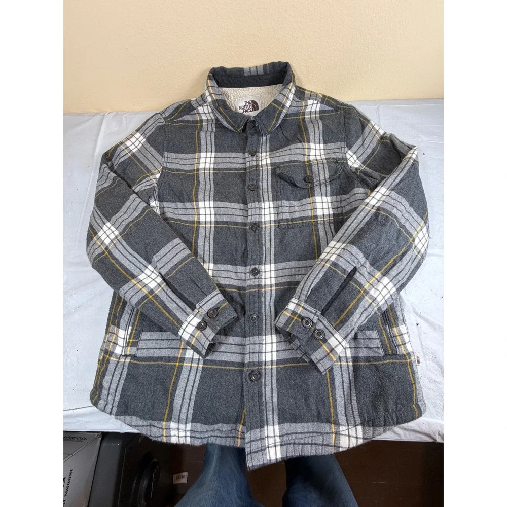The North Face Mens Sherpa Lined Flannel Shirt Jacket Gray Plaid Size M Medium